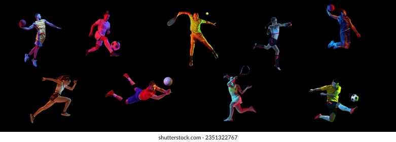 Collage. Sportive people, men and women, runner, football, tennis, basketball, volleyball players isolated on black background. Concept of professional sport and competition. Ad. Banner, poster - Powered by Shutterstock