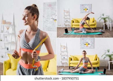 Collage of sportswoman standing with measuring tape and training at home