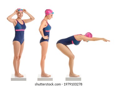 Collage Of Sporty Female Swimmer On White Background