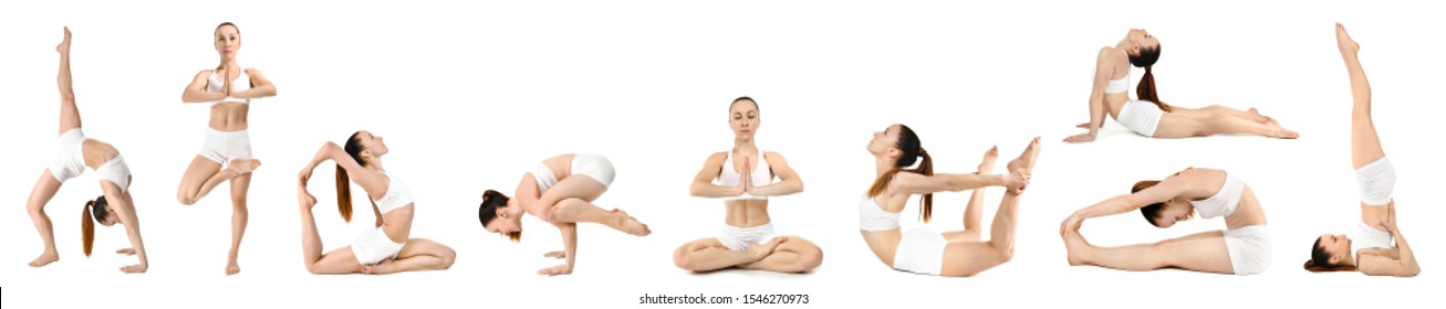 Collage With Sporty Woman Practicing Yoga On White Background