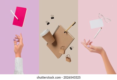 Collage with stationery office supplies levitation. Back to school concept