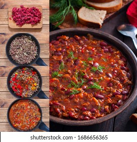 Collage Step By Step Cooking Chili Con Carne, Selective Focus