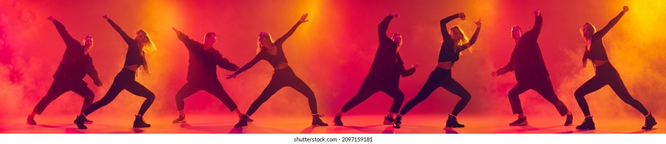 Collage. Street Dancer. Two Hip-hop Dancers In Motion Isolated Over Gradient Pink Yellow Background In Neon Light. Youth Culture. Concept Of Dance, Youth, Hobby, Dynamics, Movement, Action, Ad