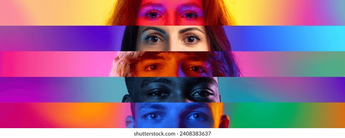 Collage. Stripes. Close-up image of male and female eyes over multicolored background in neon light. Different race, age and gender. Concept of human emotions, diversity, lifestyle, facial expression - Powered by Shutterstock