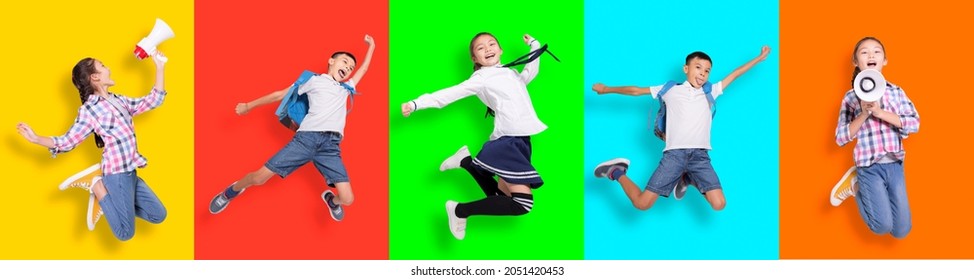 Collage of  student girl and boy on colorful wall background. - Shutterstock ID 2051420453