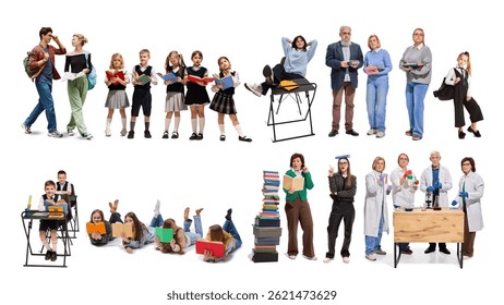 Collage of students of different ages and educators standing with books, showing continuity of educational development. Concept of education, knowledge, self-development, diversity. 21 models