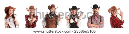 Collage of stylish cowboy and cowgirls on white background