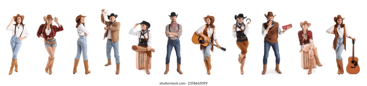 Collage of stylish cowboys and cowgirls on white background