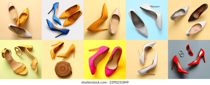 Collage with stylish high heeled shoes on color background - Powered by Shutterstock