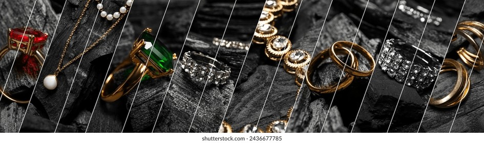 Collage of stylish jewelry on black charcoal, closeup - Powered by Shutterstock