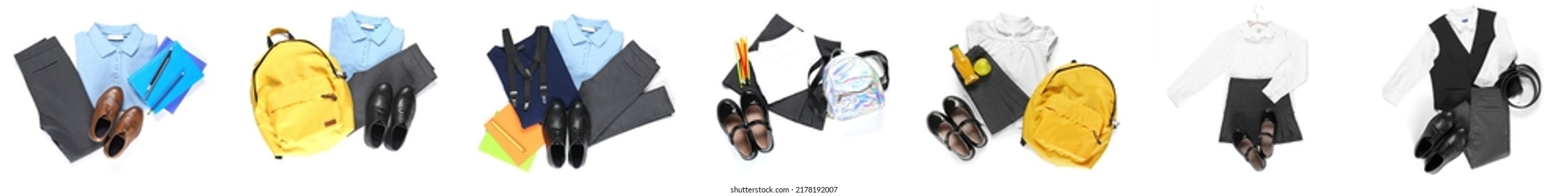 Collage of stylish school uniform on white background, top view