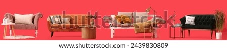 Collage of stylish sofas with tables, houseplants and lamp on red background