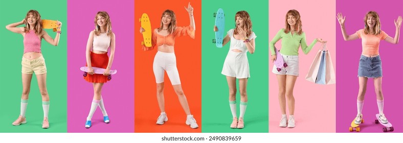 Collage of stylish woman with skateboards on color background - Powered by Shutterstock