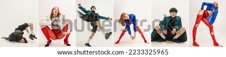 Collage. Stylish young man and woman in extraordinary bright clothes posing isolated over grey background. Self-expression. Concept of modern fashion, art photography, style, queer, uniqueness, ad