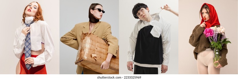 Collage. Stylish young people, boy and girls in colorful clothes posing over grey background. Youth culture. Concept of modern fashion, art photography, style, queer, uniqueness, ad - Shutterstock ID 2233325969