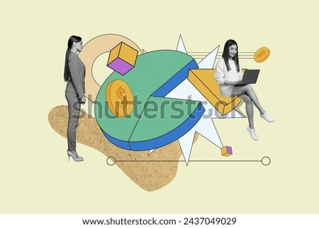 Collage of successful business lady boss looking at metrics statistics pie chart finances with her analytic isolated on beige background