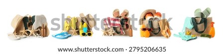 Collage of summer beach vacation essentials with straw hats, flip-flops, sunscreen, and swimwear for travel and leisure