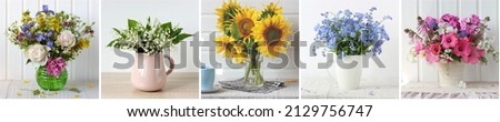 Collage with summer bouquets in rustic style.