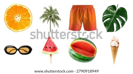 Collage of summer items: orange slice, palm tree, orange shorts, monstera leaf, sunglasses, watermelon, and ice cream cone.