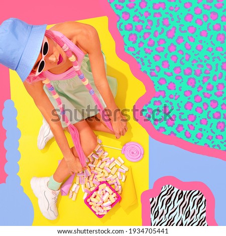Collage Summer tropical Lady 90s fashion style. Kawaii party vanilla tropical mood. Minimal candy shop concept