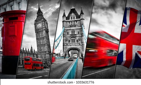 Collage of the symbols of London, the UK. Red buses, Big Ben, red postbox, and the Union Jack flag. Traditional England in vintage, retro style. Red in black and white
