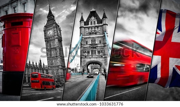 英国のロンドンのシンボルのコラージュ 赤いバス ビッグベン 赤い郵便ポストボックス ユニオン ジャック国旗 ビンテージの伝統的なイギリス レトロなスタイル 白黒の赤 の写真素材 今すぐ編集