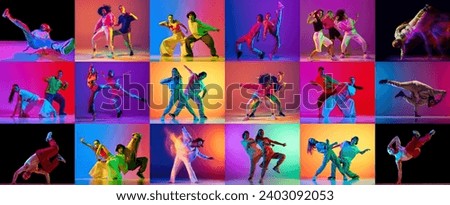 Collage. Talented artistic young people, hip hop, breakdance dancers performing over multicolored background in neon light. Concept of modern dance styles, hobby, youth, active lifestyle
