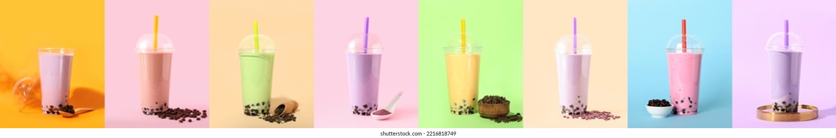 Collage of tasty bubble tea in plastic cups on color background - Shutterstock ID 2216818749