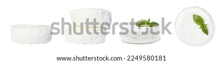 Collage with tasty cottage cheese on white background
