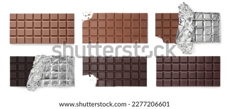Collage with tasty different chocolate bars on white background, top view