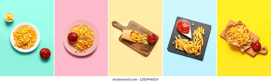 Collage of tasty french fries with ketchup and mayonnaise on color background, top view