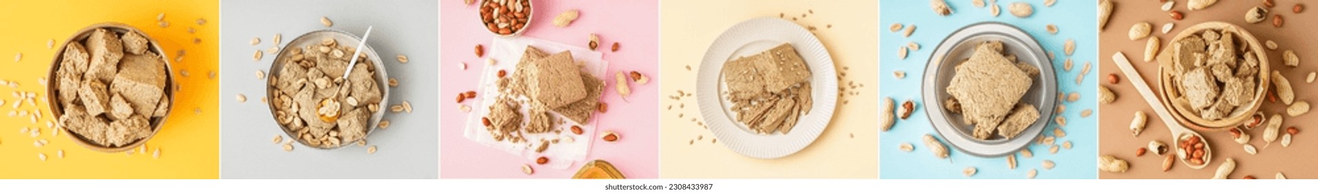 Collage of tasty halva on color background, top view