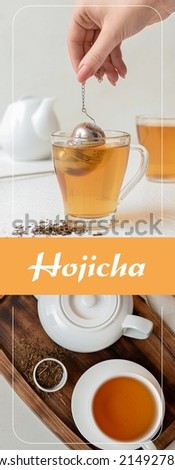 Collage of tasty hojicha green tea in cups on white background
