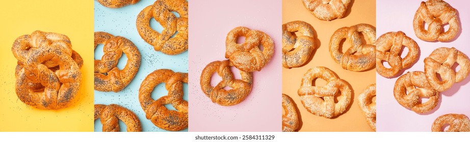 Collage of tasty pretzels on color background