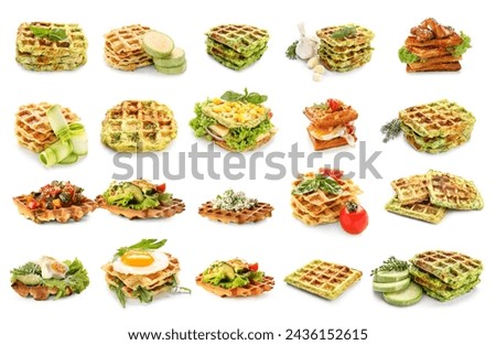 Collage of tasty salted waffles on white background