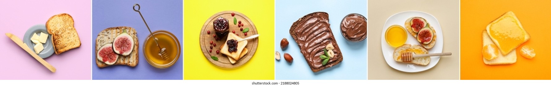 Collage of tasty sandwiches with jams, chocolate paste, honey, figs and butter on color background, top view - Powered by Shutterstock