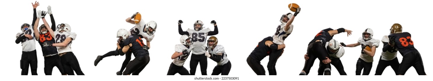 Collage. Team. Men, professional american football player in uniform posing, training isolated over white studio background. Concept of sport, movement, energy and dynamic, healthy lifestyle. - Powered by Shutterstock