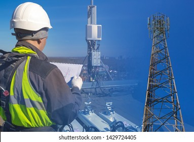 Collage Of Telecommunication Engineer In Helmet And Uniform With Documentation And Tower With Antennas Of GSM DCS UMTS LTE Bands, Outdoor Radio Units On The Roof. Working Process Of Upgrading