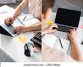 Collage of Telearbeiter tippen auf Laptop mit leerem Bildschirm auf Tisch mit Schreibwaren zu Hause, verdienen Online-Konzept