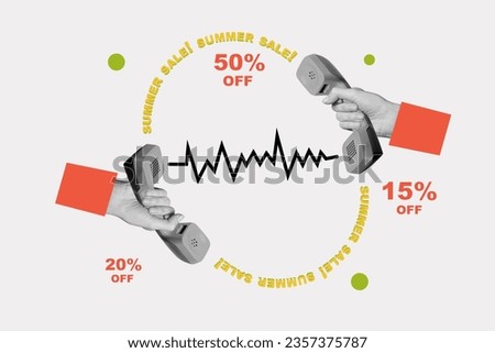 Collage template of hold hands retro landline phones contact call center summer sale minus fifty percent isolated on white background