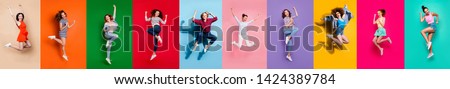 Collage of ten charming glad carefree nice attractive shiny modern delightful girls millennials person youngsters having good mood flying air isolated over colorful background travel summer concept