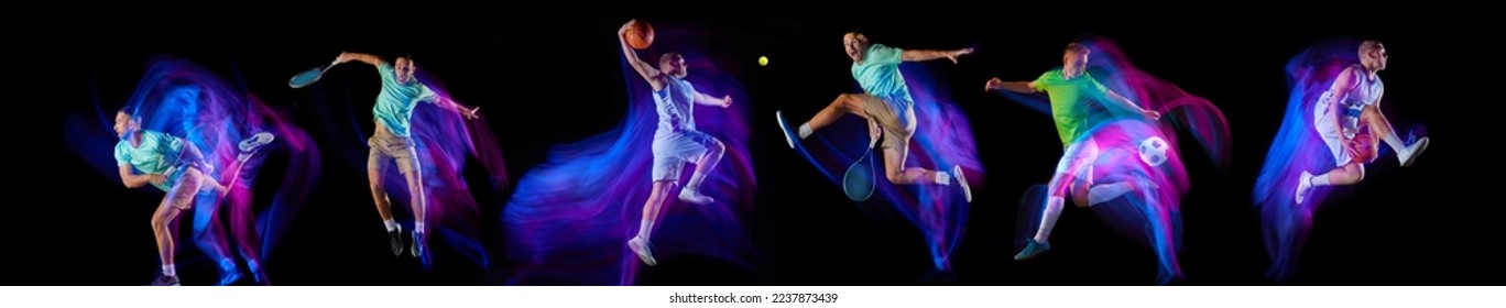 Collage. Tennis, football and basketball athletes training, playing isolated over black background in neon with mixed lights. Development of movements. Concept of sport, fitness, motion, action , team - Powered by Shutterstock