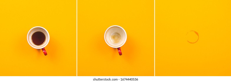 Collage Of Their Three Photos With A Full, Empty Cup Of Coffee And A Coffee Stain On A Yellow Background. Top View. Flat Lay.