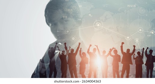 Collage of a thinking man and a multinational group of people celebrating. Wide angle visual for banners or advertisements.