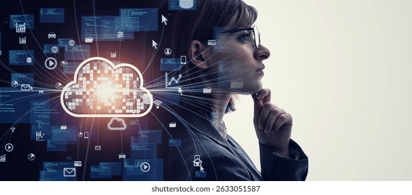 Collage of a thinking woman and cloud computing. Wide angle visual for banners or advertisements.