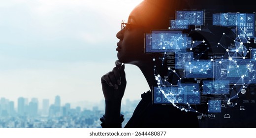 Collage of thinking woman and digital technology. Wide angle visual for banners or advertisements.