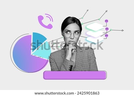 Collage of thoughtful business woman in formalwear boss touch chin looking at piechart new project analysis isolated on white background