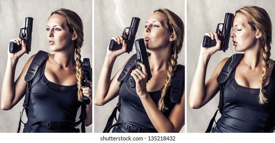 Collage of three photos of woman holding two hand gun