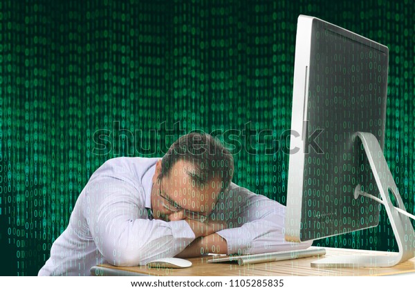Collage Tired Man Asleep Desk Computer Stock Photo Edit Now