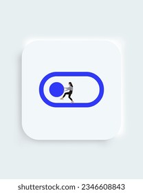 Collage. Toggle off icon, button for web, computer and mobile app. One businesswoman diligenty shifting one poin inside ellipse. Concept of web disign, digital education, gadgets, visual, art. Ad.